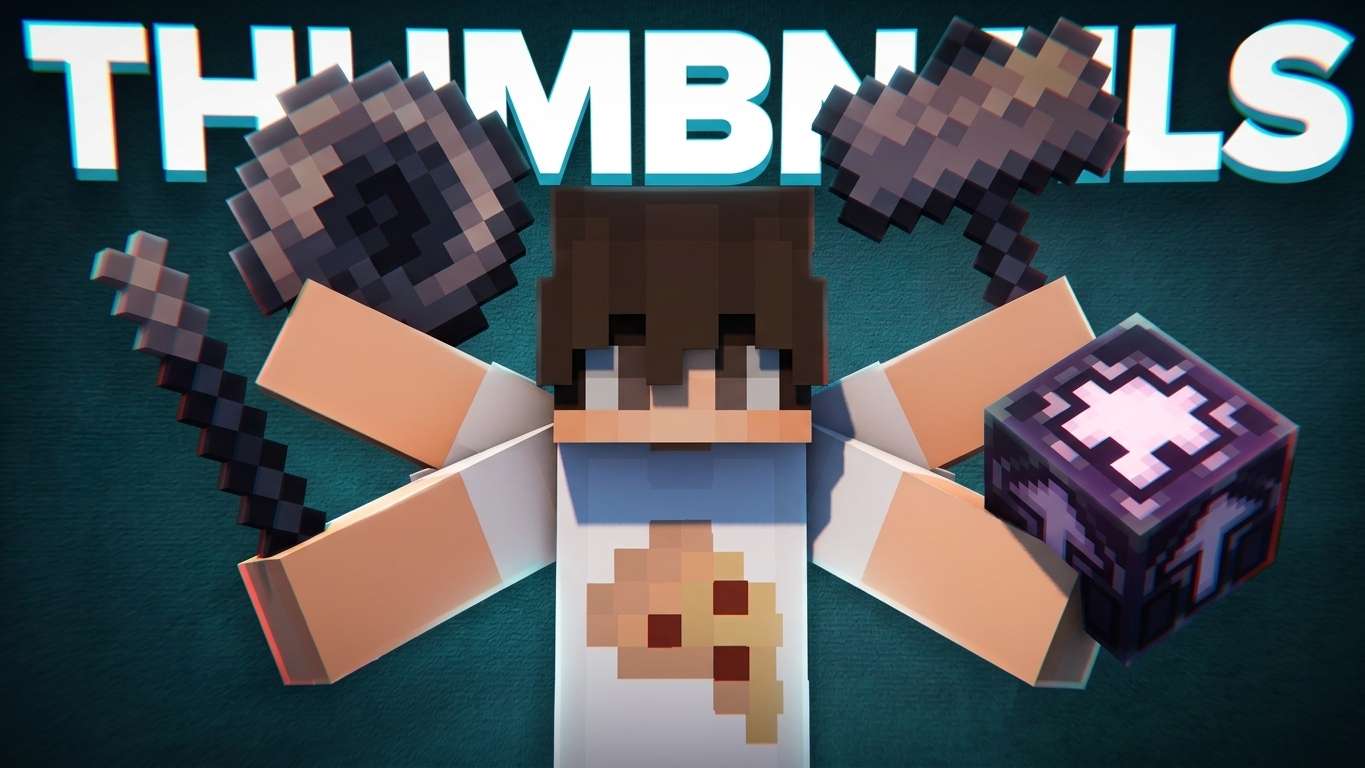 THUMBNAILS yazısının altında, etrafında Minecraft eşyaları uçuşan bir karakter