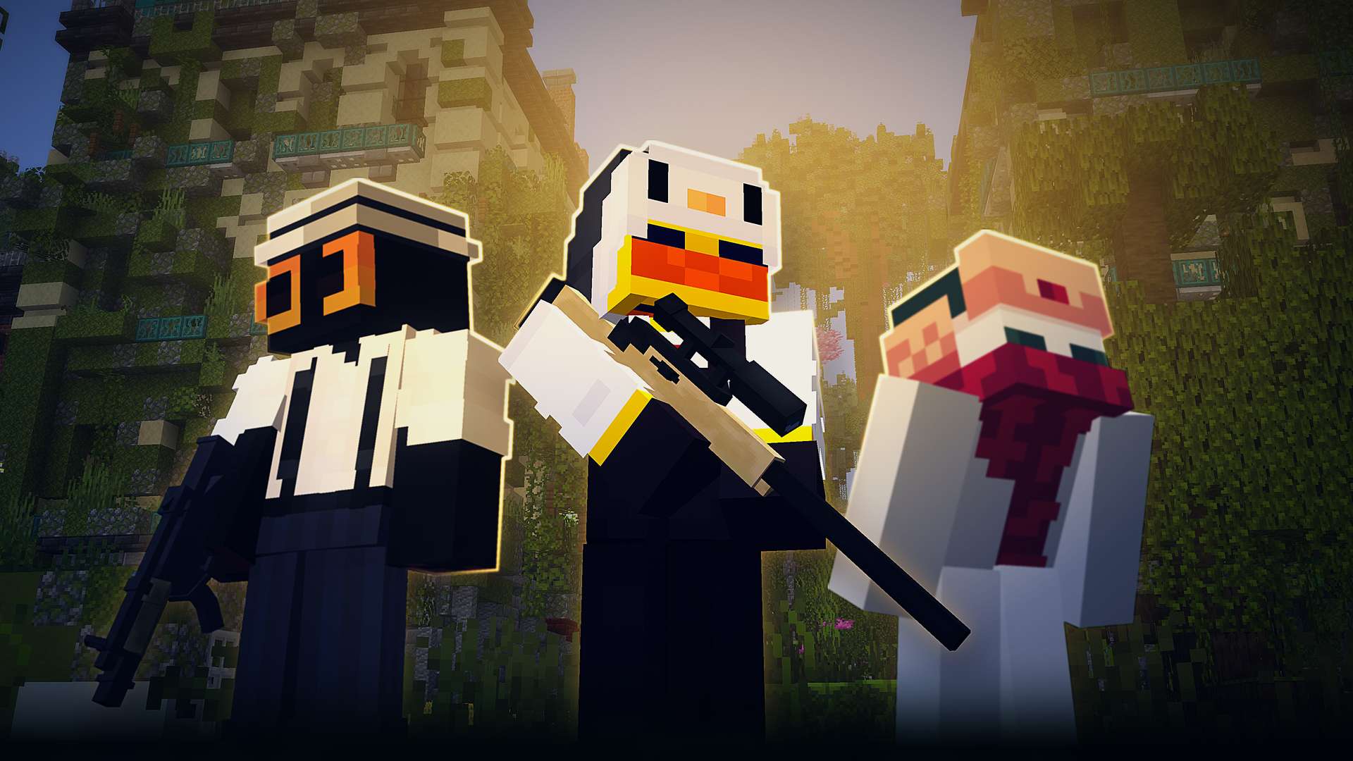 Silahlı üç Minecraft karakteri, ormanda bir yapının önünde